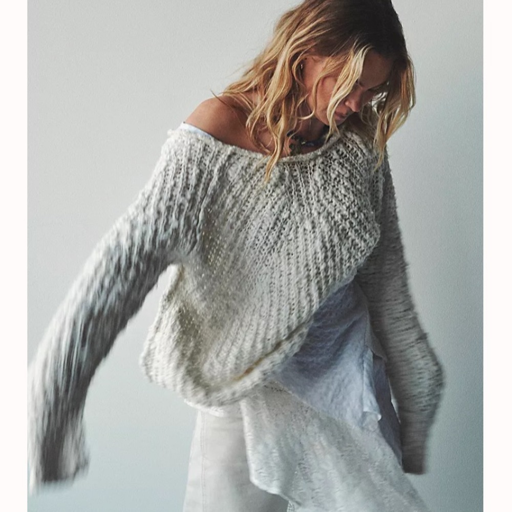 $108 FREE PEOPLE Beach Comber Oversized Gray Chunky Knit Soft Sweater Sz S Small